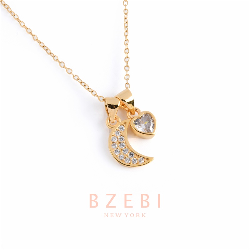 Bzebi Kalung Rantai Titanium Steel Lapis Emas 18k Liontin Hati / Bulan Sabit + Berlian Imitasi 991n