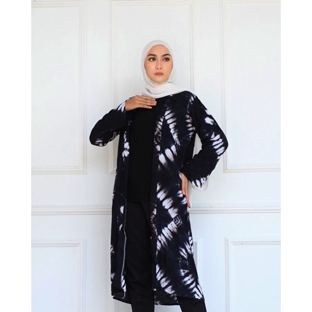 OUTER SABYAN  SHIBORI LONG VEST KARDIGAN CARDIGAN IRENGAN HITAM TIE DYE BAHAN RAYON KARDIGAN WANITA HITS KEKINIAN TERLARIS CARDIGAN