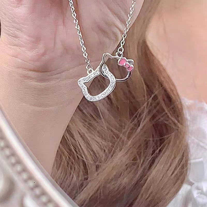 Kalung Rantai Klavikula Dengan Liontin Hello Kitty Cincin Ganda Untuk Wanita