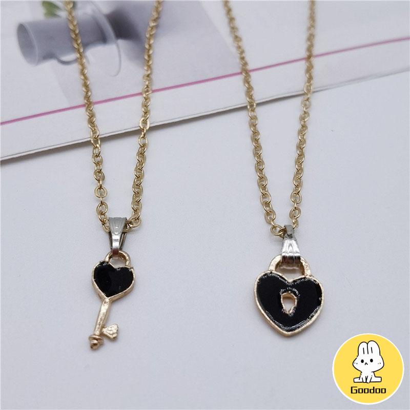 2 Pcs Fashion Wanita Trendi Kunci Liontin Link Rantai Kalung Hati Pasangan Pecinta Kalung -Doo