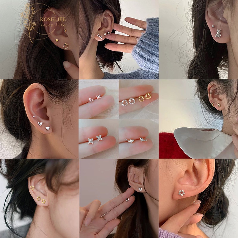 Roselife 1 Pasang Anting Tusuk Sterling Silver 925 Model Kupu-Kupu / Beruang / Clover Gaya Korea Untuk Wanita