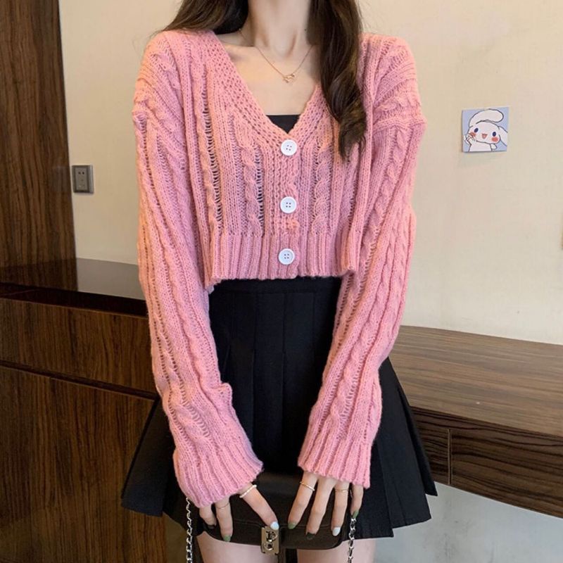 QUEEN SAKURA - Q3689B - OLIVIA BRAIDS CROP KNIT CARDIGAN IMPORT - CARDIGAN CROP RAJUT CASUAL KOREA W