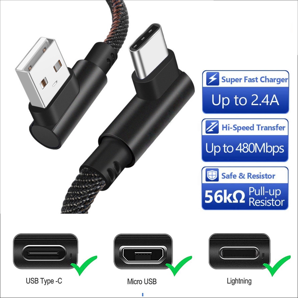 MQ Kabel Data Charger L Gaming series Type C Micro USB Lightning Fast Charging 90 derajat MQ-CB03