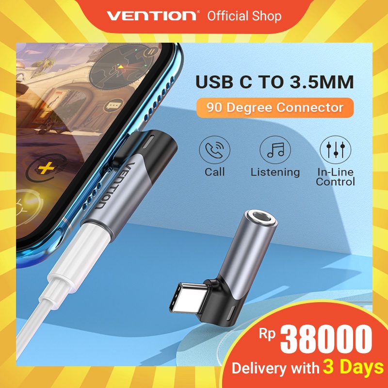 Vention Adapter Konektor Audio USB Tipe C Male Ke Female Sudut Kanan 90 Derajat Ke 3.5mm Untuk Huawei