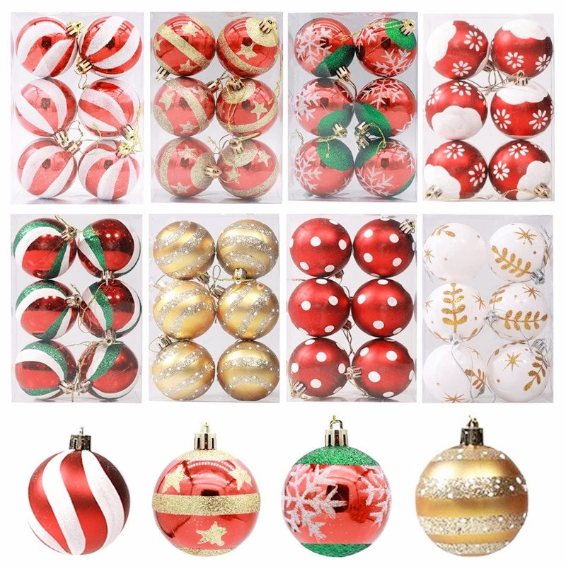 Christmas Home Decoration Products / 6 Pcs 6CM Christmas Ball Ornaments For Xmas Tree / Snowflake Stripe Dot Red Christmas Tree Hanging Pendant / Festive Party Decorative Supplies