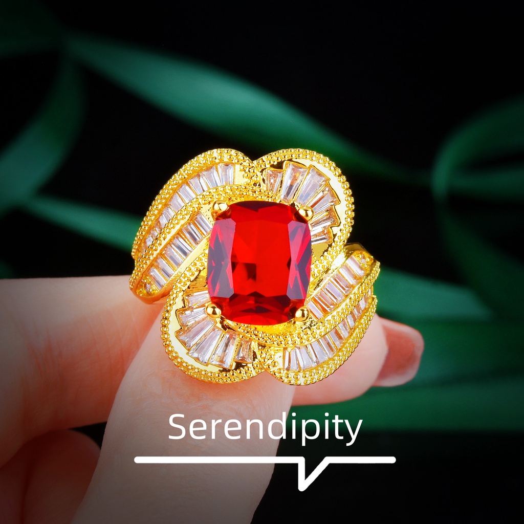 Cincin Emas Emas Asli Kadar 375Hias Berlian Ruby Bentuk Persegi Gaya Italia Retro