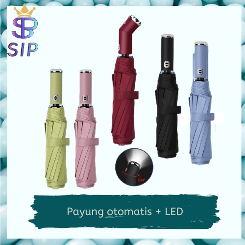 Payung Lipat LED Otomatis Buka Tutup Warna Polos Anti UV / Flashlight Umbrella Kualitas Import Super Murah