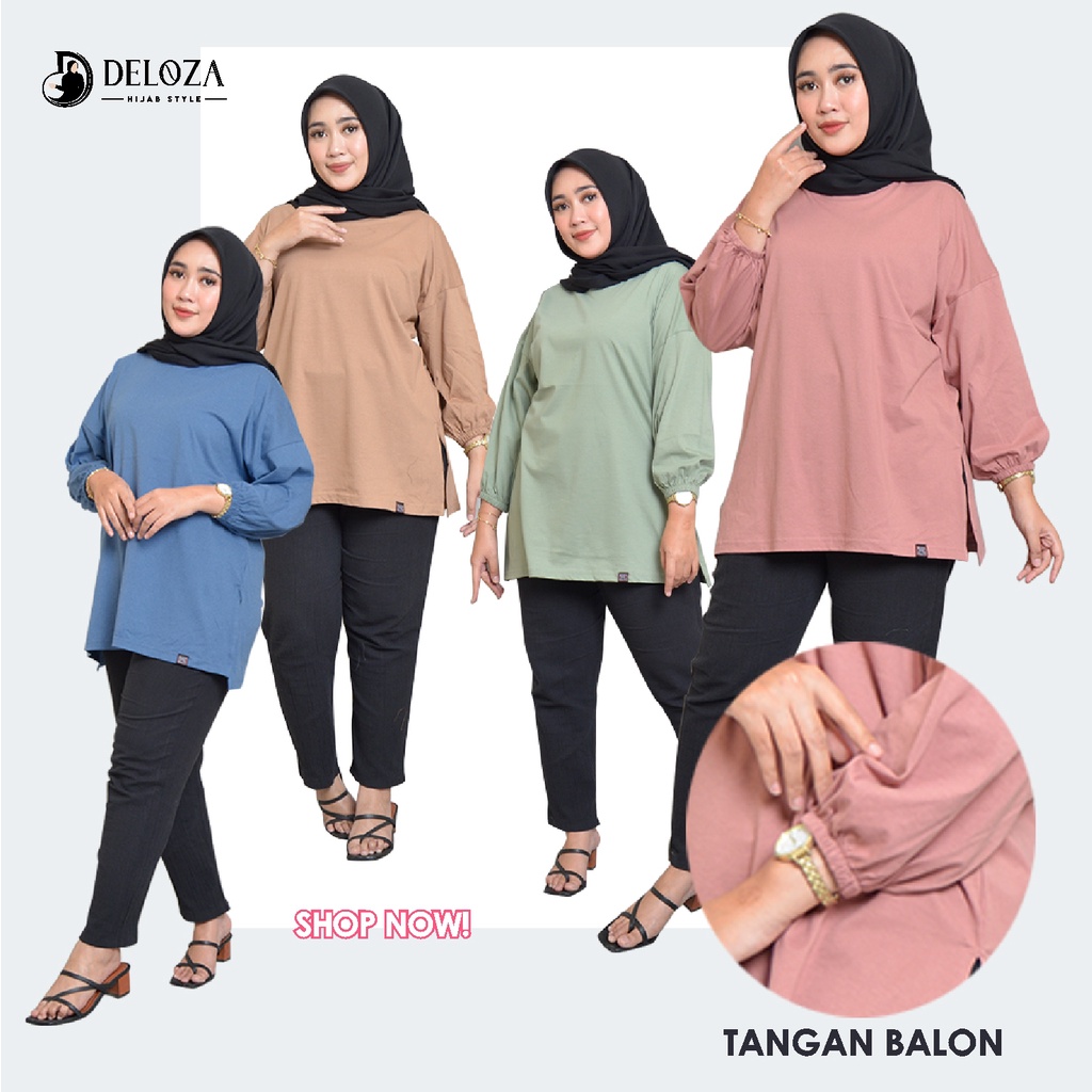 Top Deloza Oversized Tangan Balon Kaos Polos Wanita Jumbo