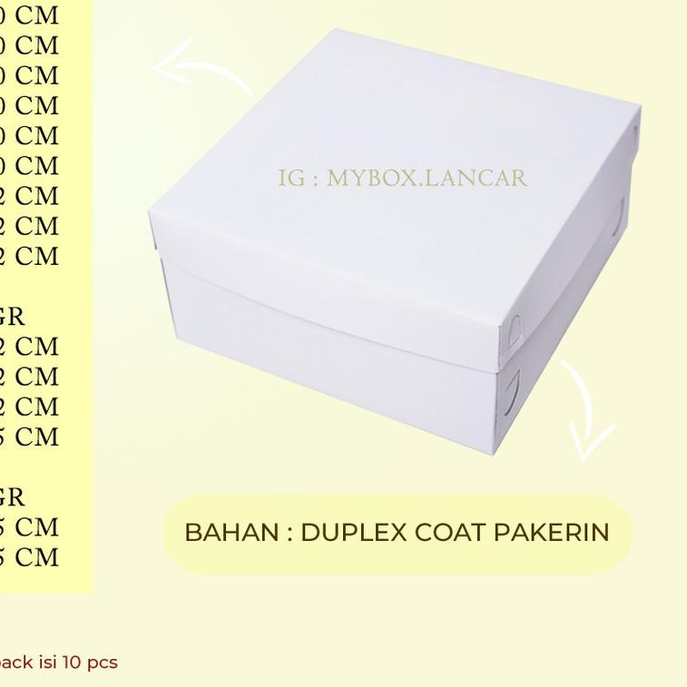 

(10 LEMBAR) BOX TART PUTIH 24 X 24 X 12 CM, DUS TART PUTIH TUTUP PUTIH, KEMASAN TAR KUE SNACK CAKE