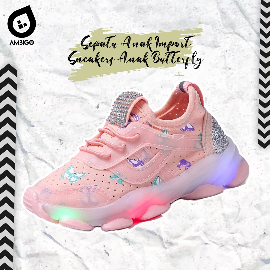 Sepatu Anak Laki Laki - Sepatu Anak Perempuan MOTIF Butterfly 012 LED Sepatu Sport Anak Casual Import