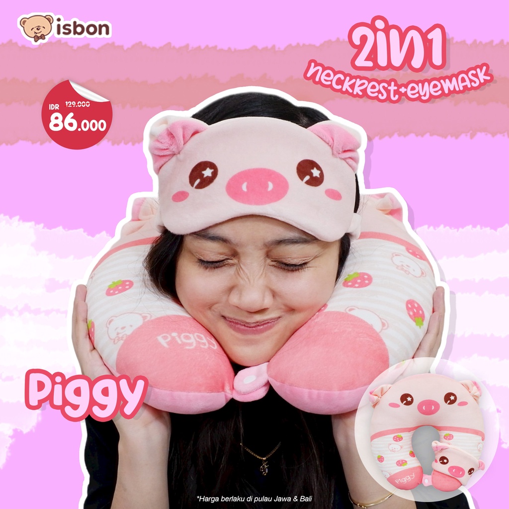 ISTANA BONEKA Bantal Leher Karakter Pinguin grey sweet dream dan Pig Piggy 2 in 1 Penutup Mata Eye Mask Nyaman Digunakan Mudah Dibawa untuk travelling