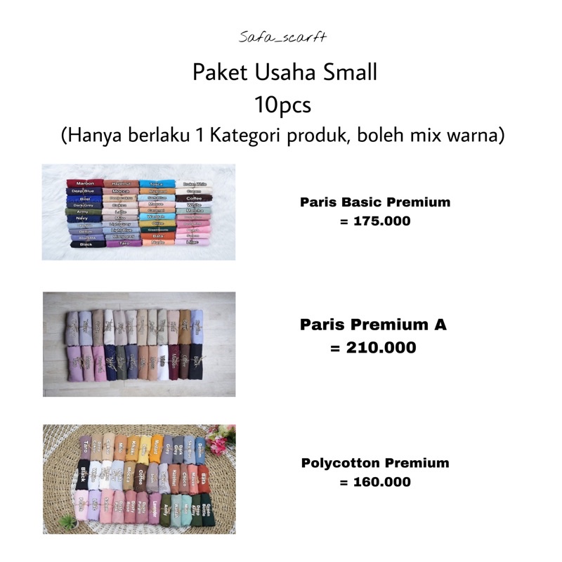 PAKET USAHA SMALL SAFA_SCARFT (PARIS BASIC PREMIUM, PARIS PREMIUM GRADE A, POLYCOTTON) OPEN RESELLER TERLARIS