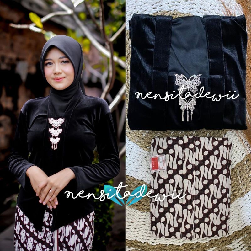 Set Kebaya Kartini + Jarik Wiru Instan / Nuansa Hitam, Motif Lereng Tanggung