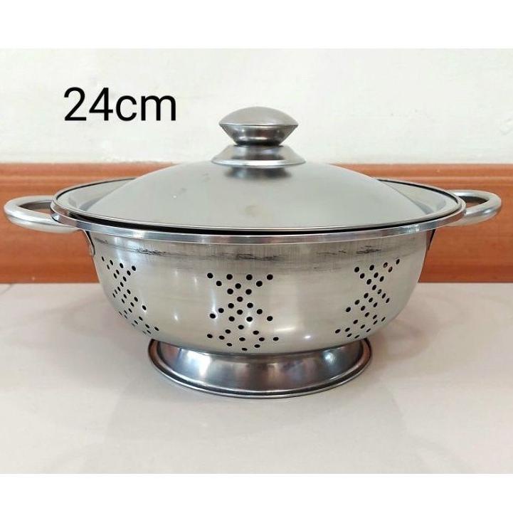TEMPAT NASI + TUTUP STAINLESS STELL 22 CM / 24 CM / CETING NASI STELL /Deep Collander Stainless/WAKU