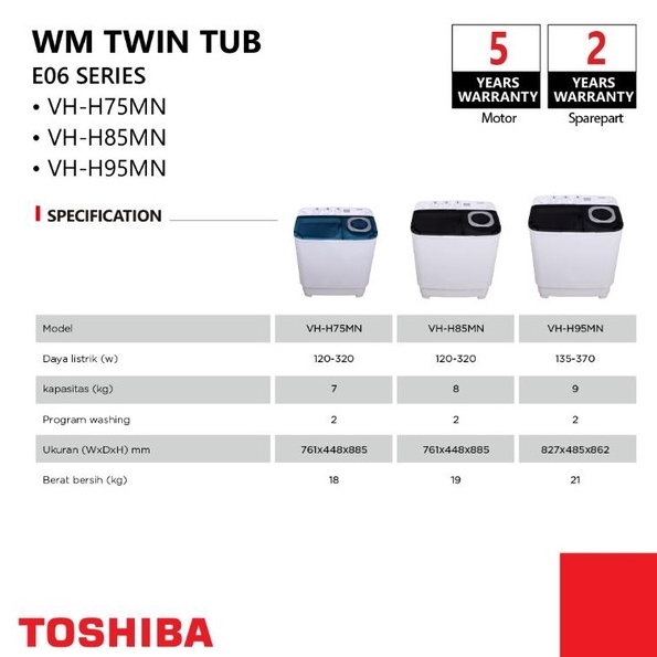 TOSHIBA Mesin Cuci Dua Tabung 7.5kg Model VH-H85MN / VHH85MN Twin Tub