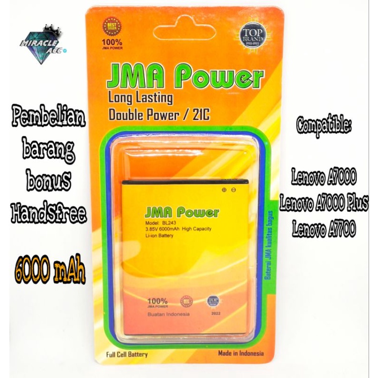 Baterai JMA Power Double Power Original For Lenovo BL243 A7000 A7000 Plus A7700 bonus Handsfree
