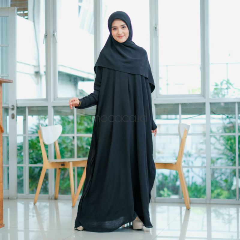 abaya set premium sudah dengan kerudung hitam ada saku sleting lengan panjang free size