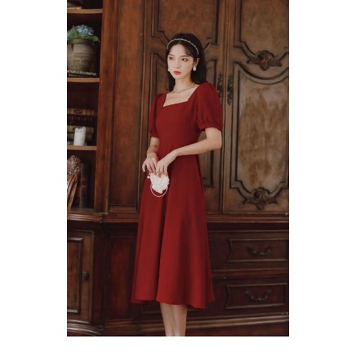 [MikanHiro Store]square neck temperament over the knee red dress women's summer 2022 new western style retro this year's most popular skirt