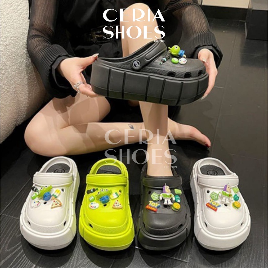 EVA Sandal Slop Clog Wanita 3D Toy Story Jibbitz Bangkok Import Spons Rubber Tebal Tinggi Karet Ringan Super Empuk Anti Slip Wedges Slides include Summer Sandals