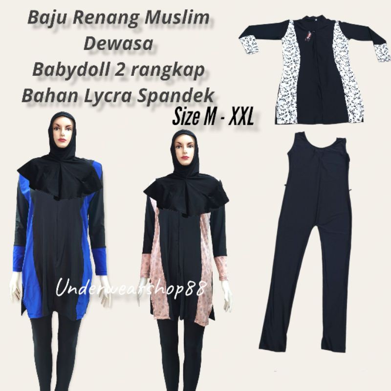 Baju Renang Muslim Hijab Dewasa/Baju Renang Muslim Dewasa Baby Doll 2 Rangkap/Baju Renang Muslim Dewasa Bahan Lycra Spandek