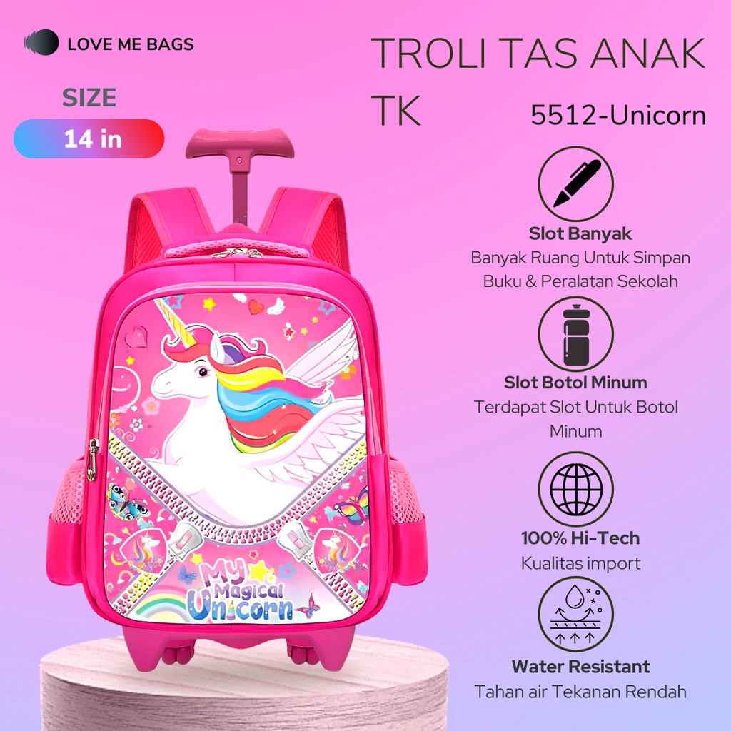 LMB Tas Troli Anak Sekolah Perempuan TK Bahan Nilon Premium Karakter Lucu Bagian Depan Timbul 6D