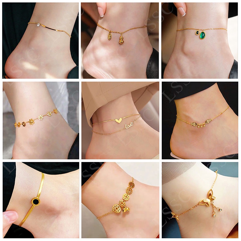 Gelang Kaki Titanium Anti Karat Korea Terbaru 2022 Emas 18K Cantik Perhiasan Wanita Aksesoris Fashion