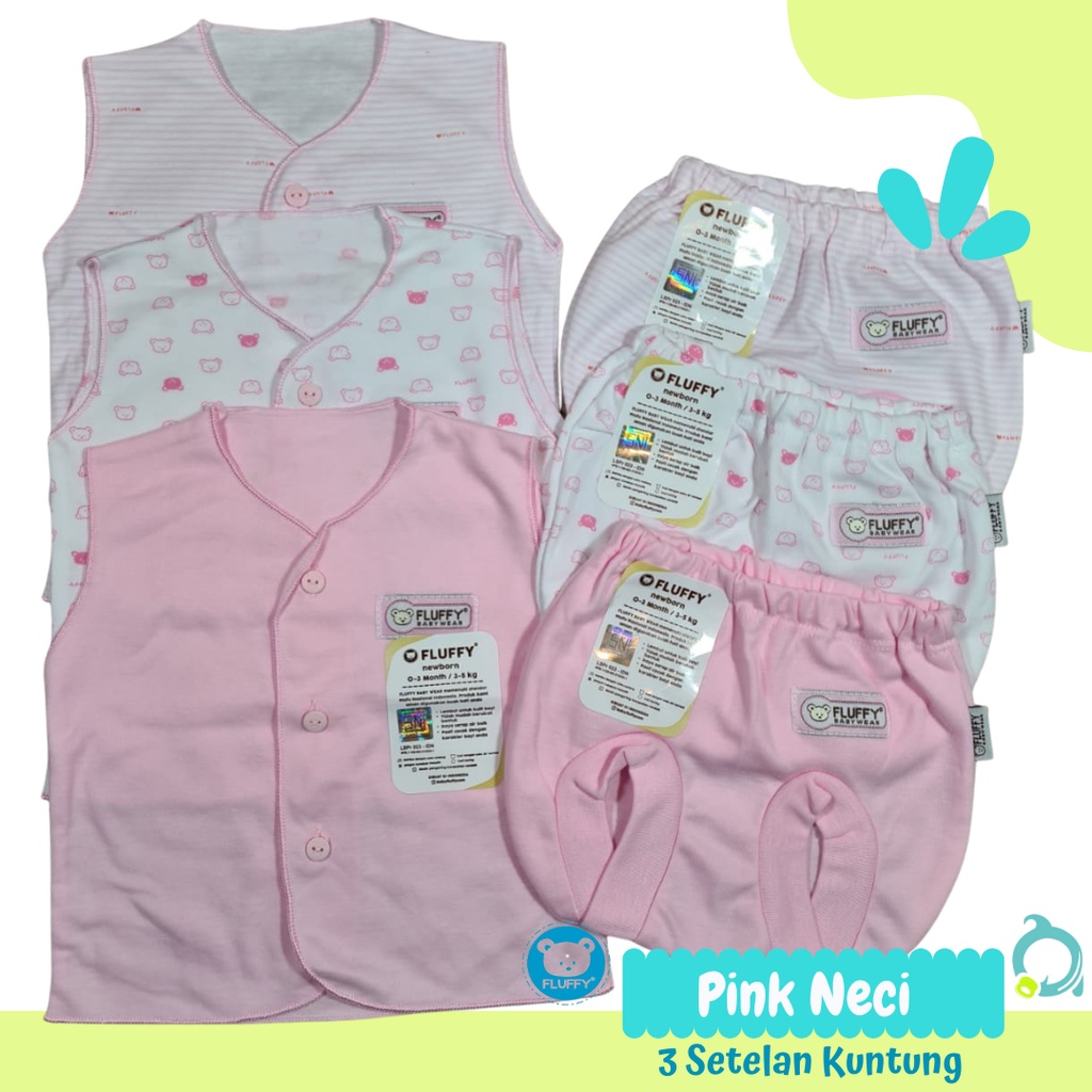 FLUFFY Pink Bis / Neci 3 Setelan Kuntung ( 3 Baju 3 Celana) Baju Bayi Baru Lahir / Newborn