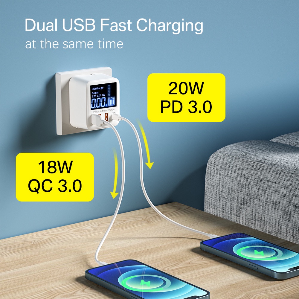 Qc3.0 Charger 4 Port USB Tipe-C Fast Charging 40W Display LCD Untuk Iphone 14 13 Android