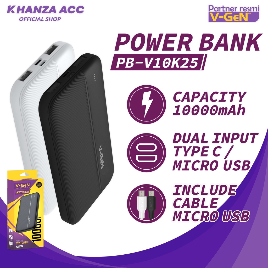 KHANZAACC VGEN V10K25 Powerbank 10000mah Original Dual Input Slim Design