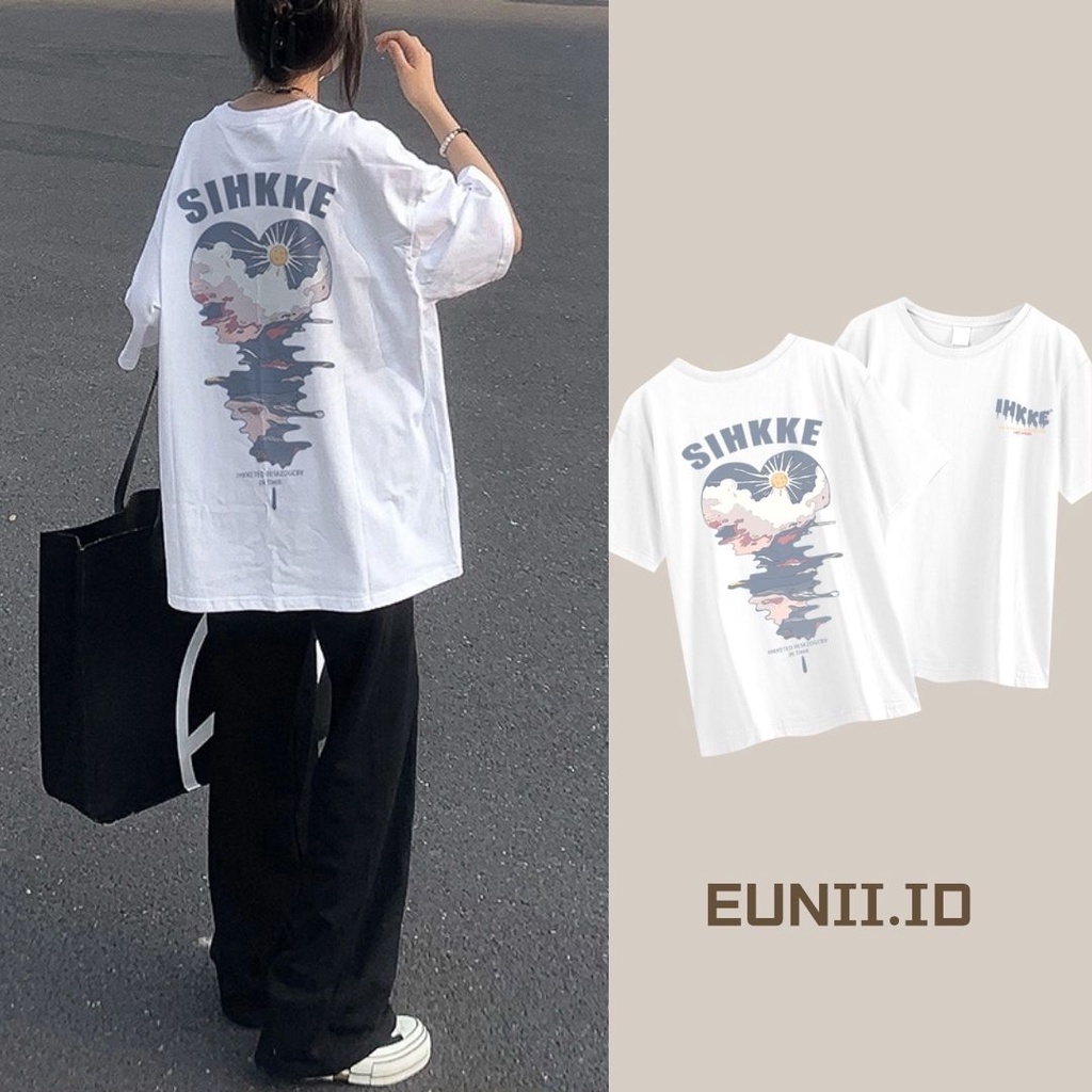 EUNII T-shirt Lengan Pendek Berbentuk Hati Retro Pencetakan Longgar Korean Style/Kaos Atasan Wanita/Baju Kaus Oversize Wanita