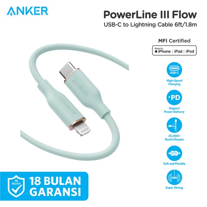 Anker Cable Charger PowerLine III Flow Type C to Lightning 6ft (1.8m) - SKU : A8663 - Garansi Resmi 18 Bulan