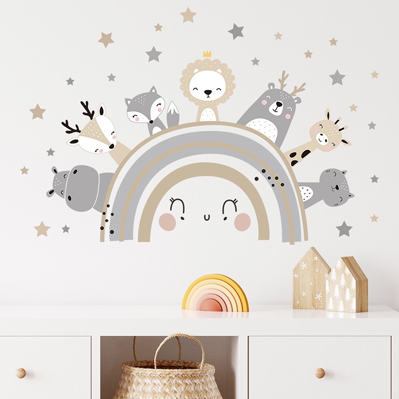 Wallpaper PVC Dekorasi Rumah Kartun Hewan Bintang Lucu Kartun Dekorasi Stiker Dinding Wallpaper Removable Motif Rubah Pelangi Wallpaper Kamar Anak Removable