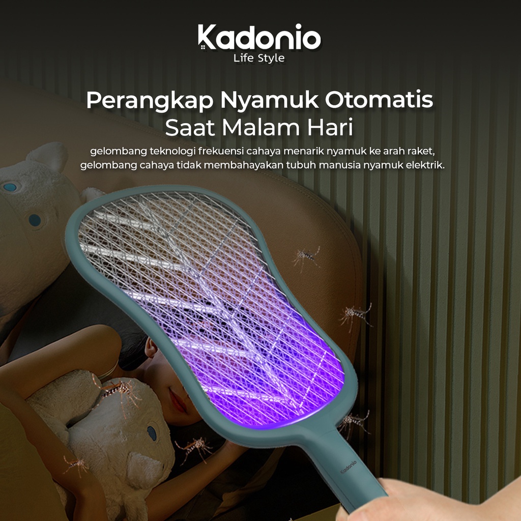 KADONIO Raket Nyamuk Listrik 2in1 Mosquito Swatter Lampu Nyamuk Elektrik Perangkap Nyamuk Lampu Ungu 1200mAh Usb Cas