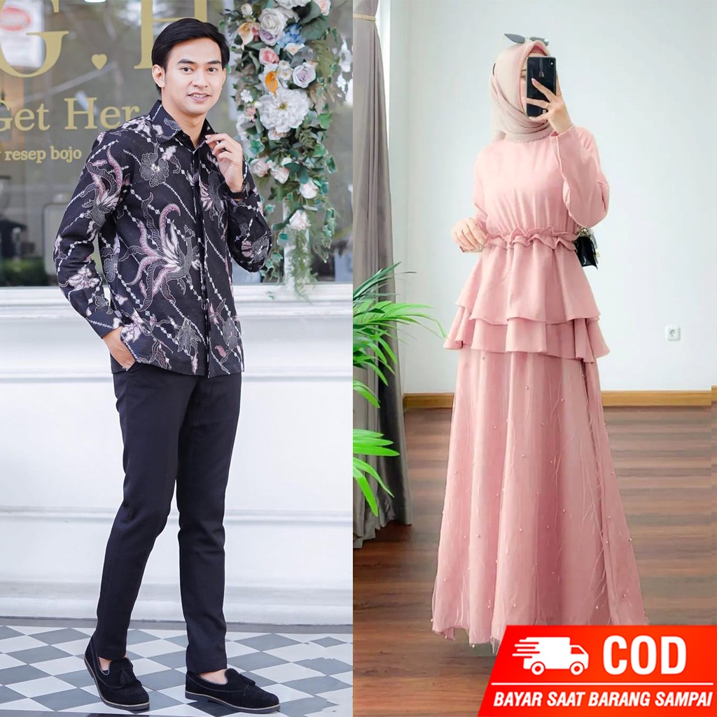 PRODUK TERBARU - BATIK COUPLE GAMIS BRUKAT MAXI DRESS SANIA - BATIK SARIMBIT UNTUK KONDANGAN - GAUN PESTA BRUKAT MODERN