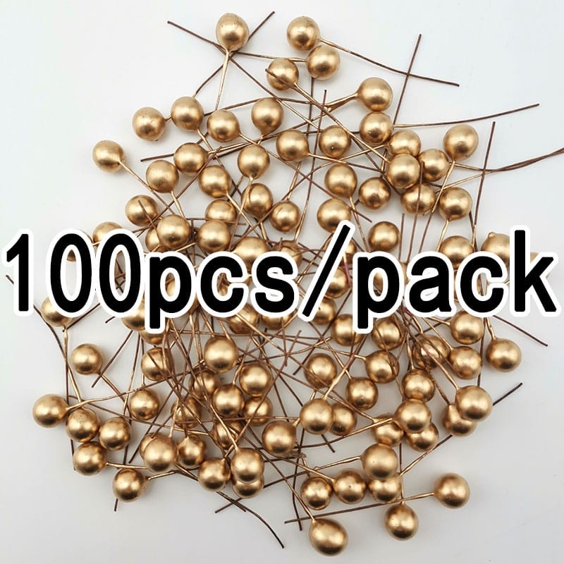 100 pcs Artificial Gold Holly Berry Christmas Decor On Wire Bundle Garland Wreath