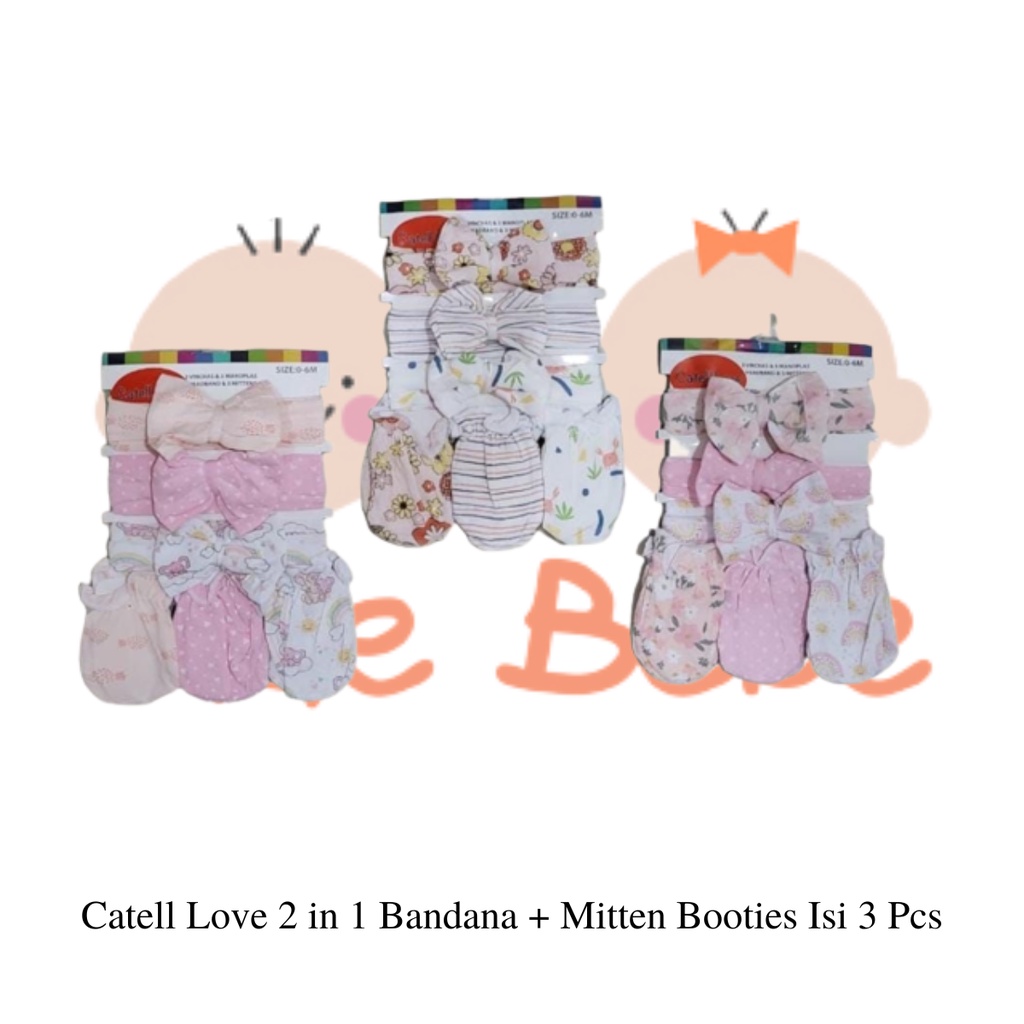 Catell Love 2in1 Headband and Mittens Bandana Set Sarung Tangan Bayi Isi 3 Pcs