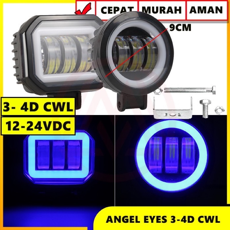 PROMO WORK LIGHT LAMPU TEMBAK 3 MATA LENSA 4D CREE LED CWL 12-24V ANGEL EYES