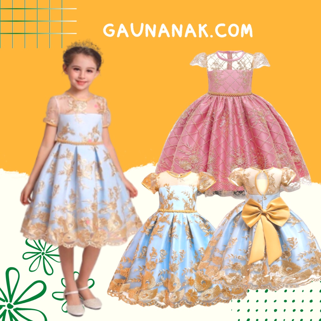 Gaun anak - pesta full brodir anak perempuan/ Dress princess anak/Gold bordir Pitta belakang