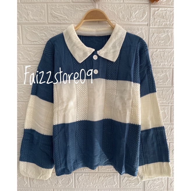 NAOMI SWEATER RAJUT MOTIF JARING CROP TOP STRIP BAHAN TEBAL PREMIUM KNIT STORE09 MURAH