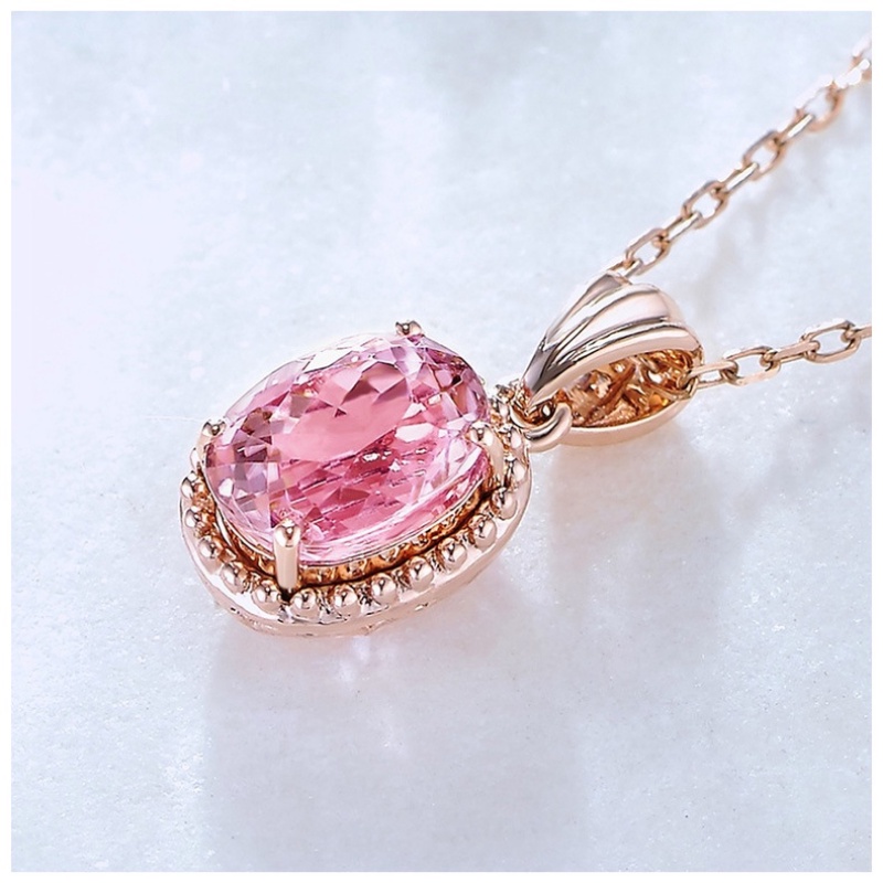 Kalung Lapis Rose Gold Emas Asli Kadar 375Hias Liontin Kristal Turmalin Pink Untuk Wanita