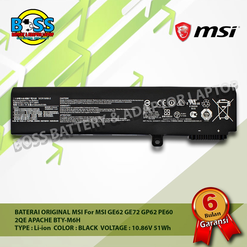 Baterai Original Laptop MSI For GE62 GE72 GP62 PE60 2QE APACHE BTY-M6H 10.86V 51Wh