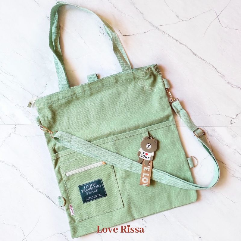 Tas Japanese Style Tas Selempang Tote Bag Ransel 3 in 1 Solid Color-Sage