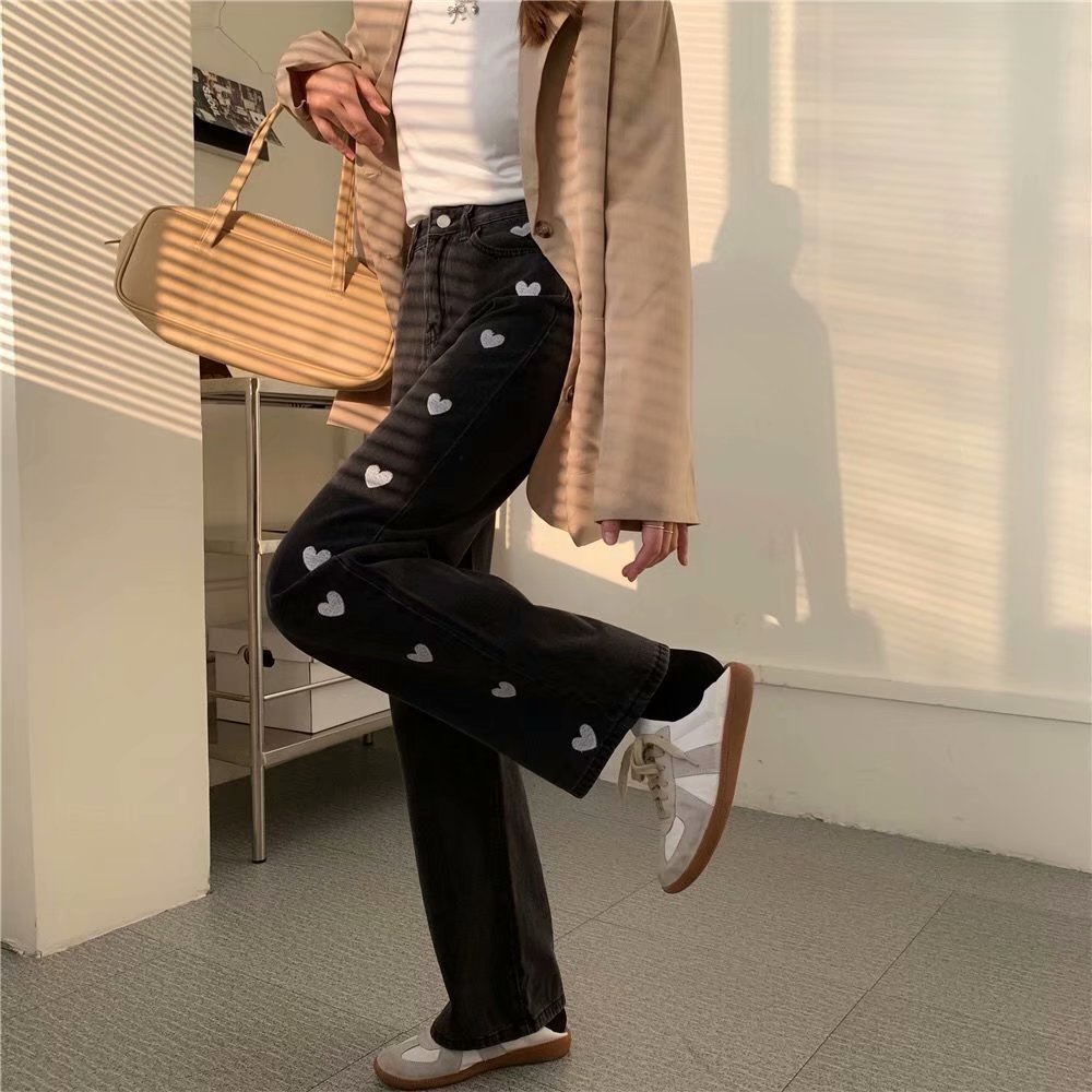 yikoo-Celana jeans bordir cinta high waist wanita panjang longgar boyfriend pants