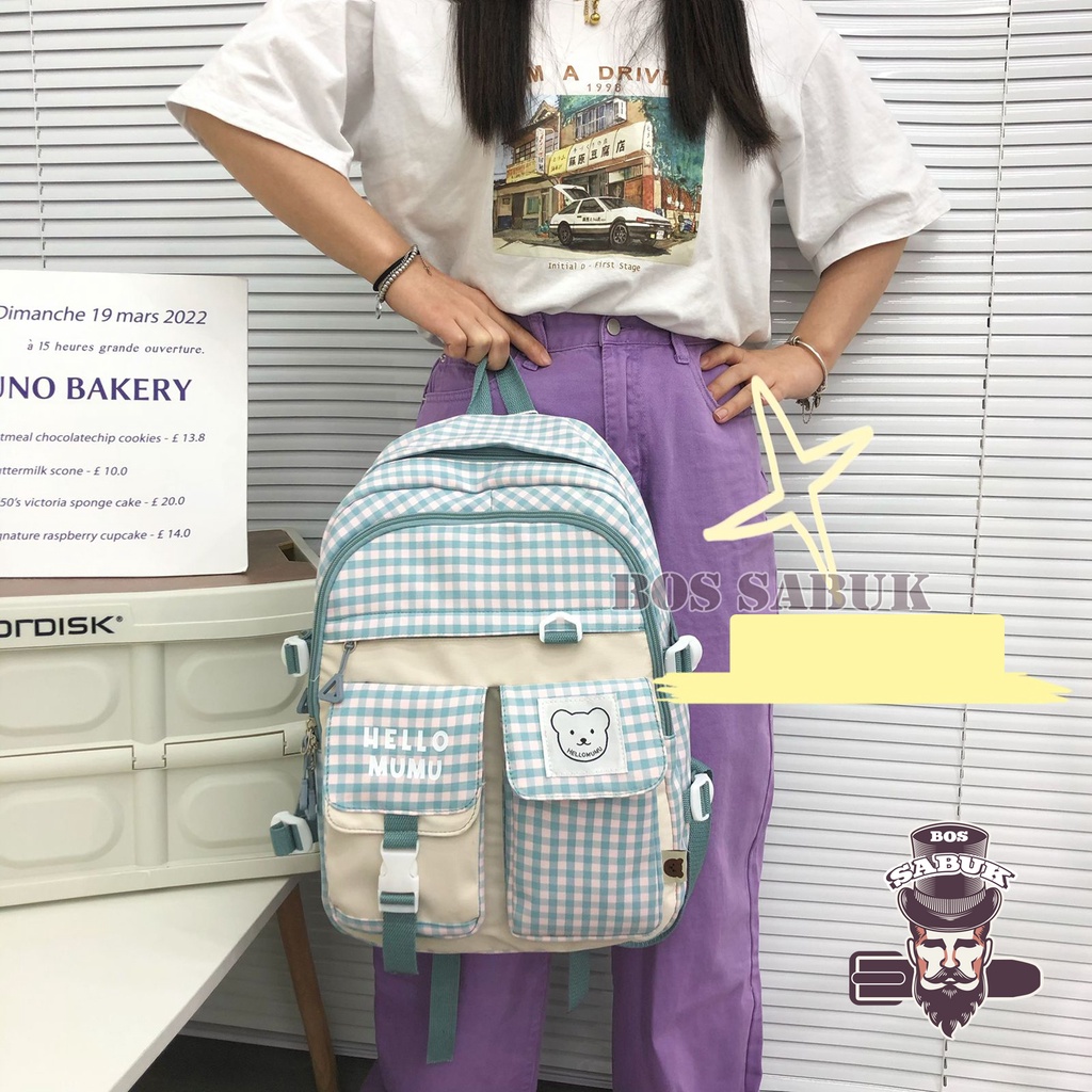 Tas Sekolah Korean Style Tas Ransel Wanita Backpack Korea Fashion Tas Wanita  -BS184-Hijau Kotak