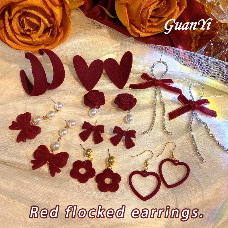 Anting Stud Hias Mutiara Warna Merah Gaya Vintage Korea Untuk Wanita