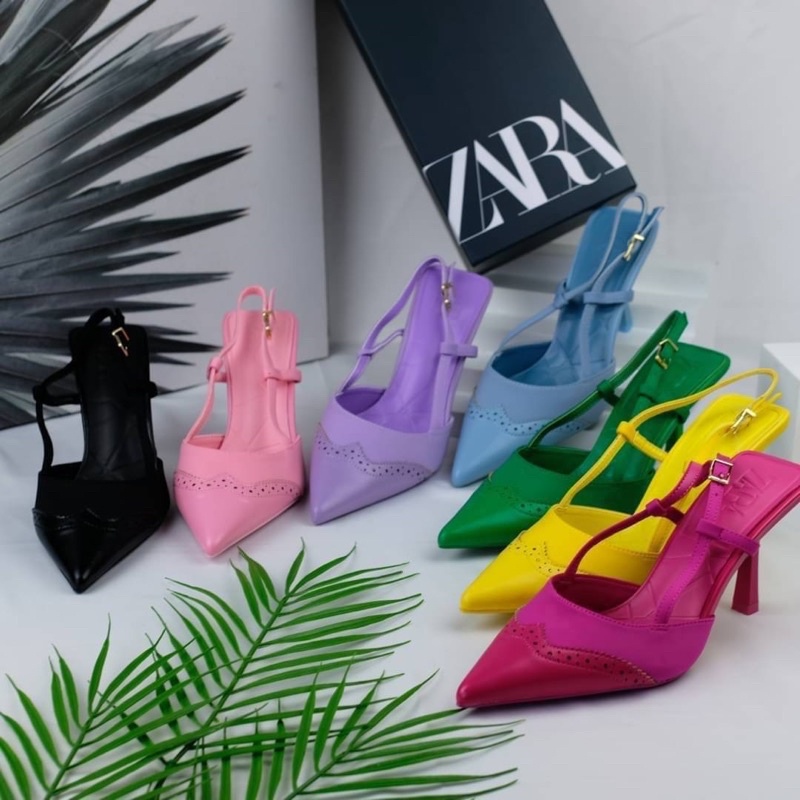 Sepatu Kulit Hak Tinggi Wanita ZR Leather Slingback High Heels 8,5cm Premium Import Hitam Black Pink