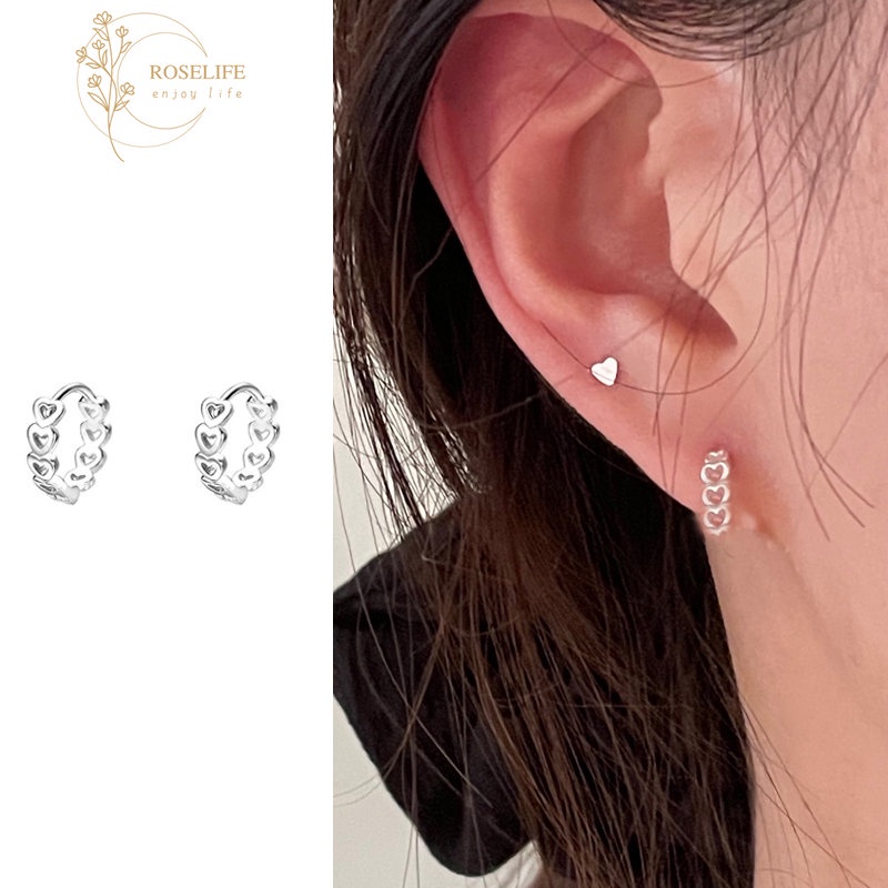 Anting Hoop S925 Silver Bentuk Hati Kecil Model Hollow Gaya Korea Untuk Wanita
