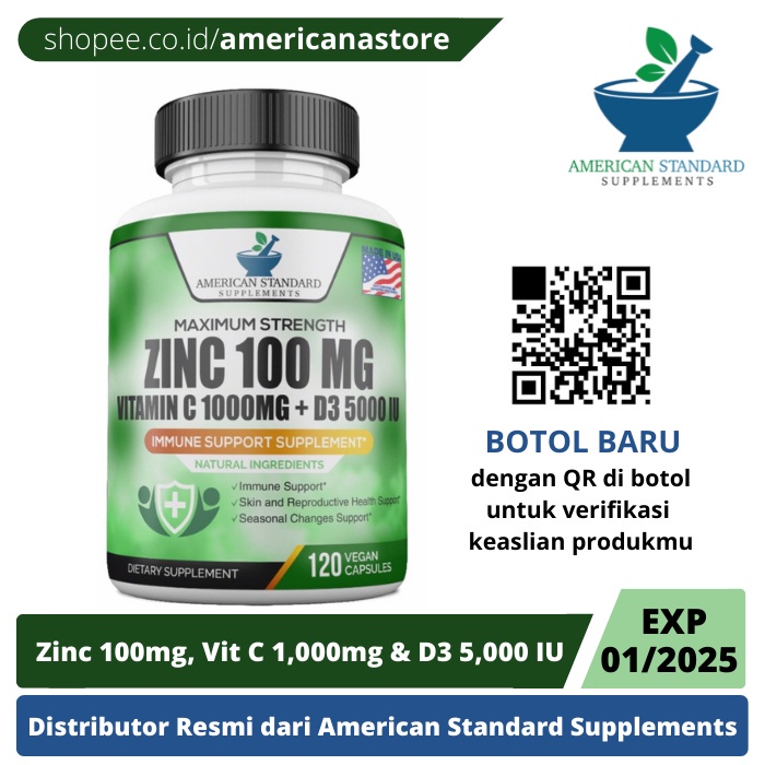 American Standard Supplements Zinc 100 MG, Vitamin C 1000 MG, D3 5000 IU Immune Booster 120 Caps