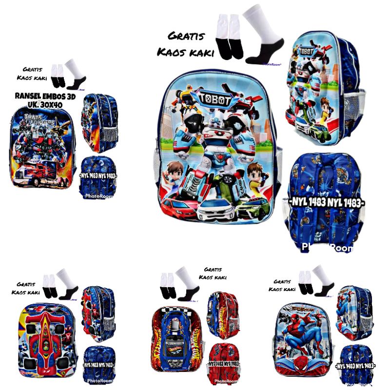 Tas ransel anak laki laki tk sd motif kartun 3D gratis kaos kaki