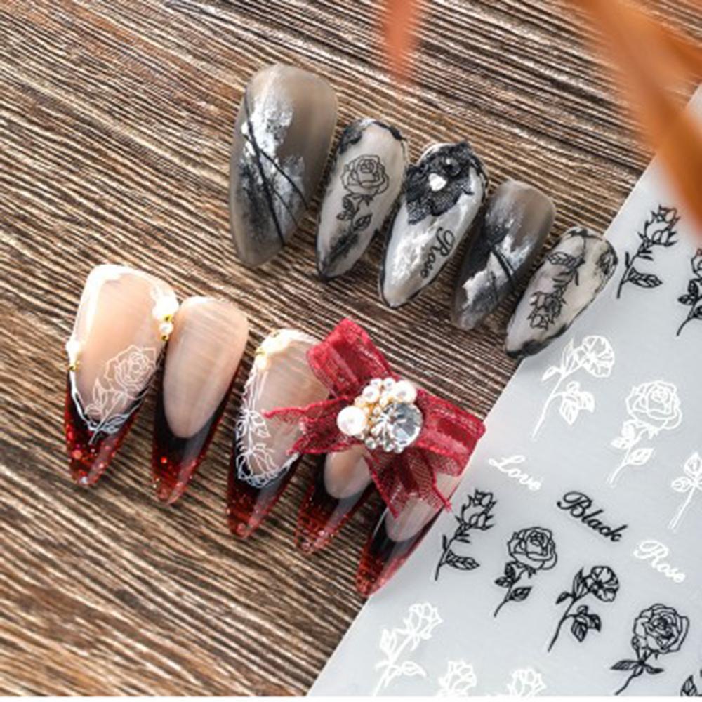 AUGUSTINA Agustina Rose Print Nails Sticker Emas Laser Bunga Mawar Putih Perekat Diri Hitam Nail Art Stickers